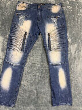 Distressed Moto Style Blue Jeans With Zipper Details M-X Brand Size 36W X 32L